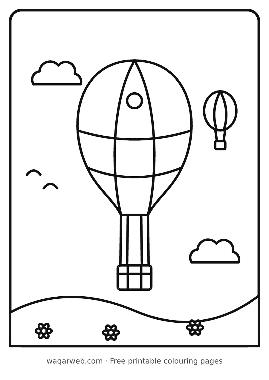 Hot Air Balloon colouring page, black outline drawing ready to print