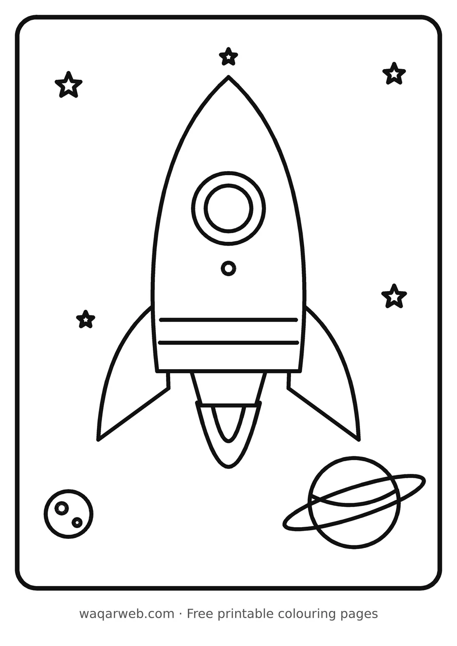 Rocket in Space colouring page, black outline drawing ready to print