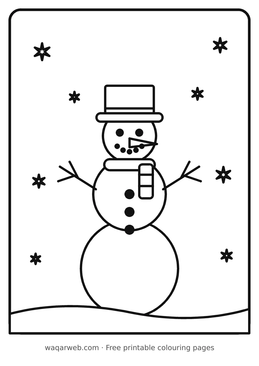 Snowman colouring page, black outline drawing ready to print