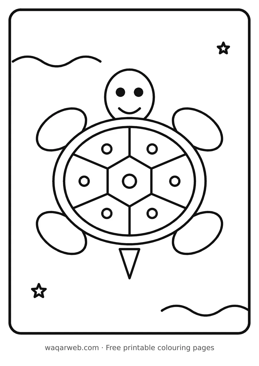 Patterned Turtle colouring page, black outline drawing ready to print